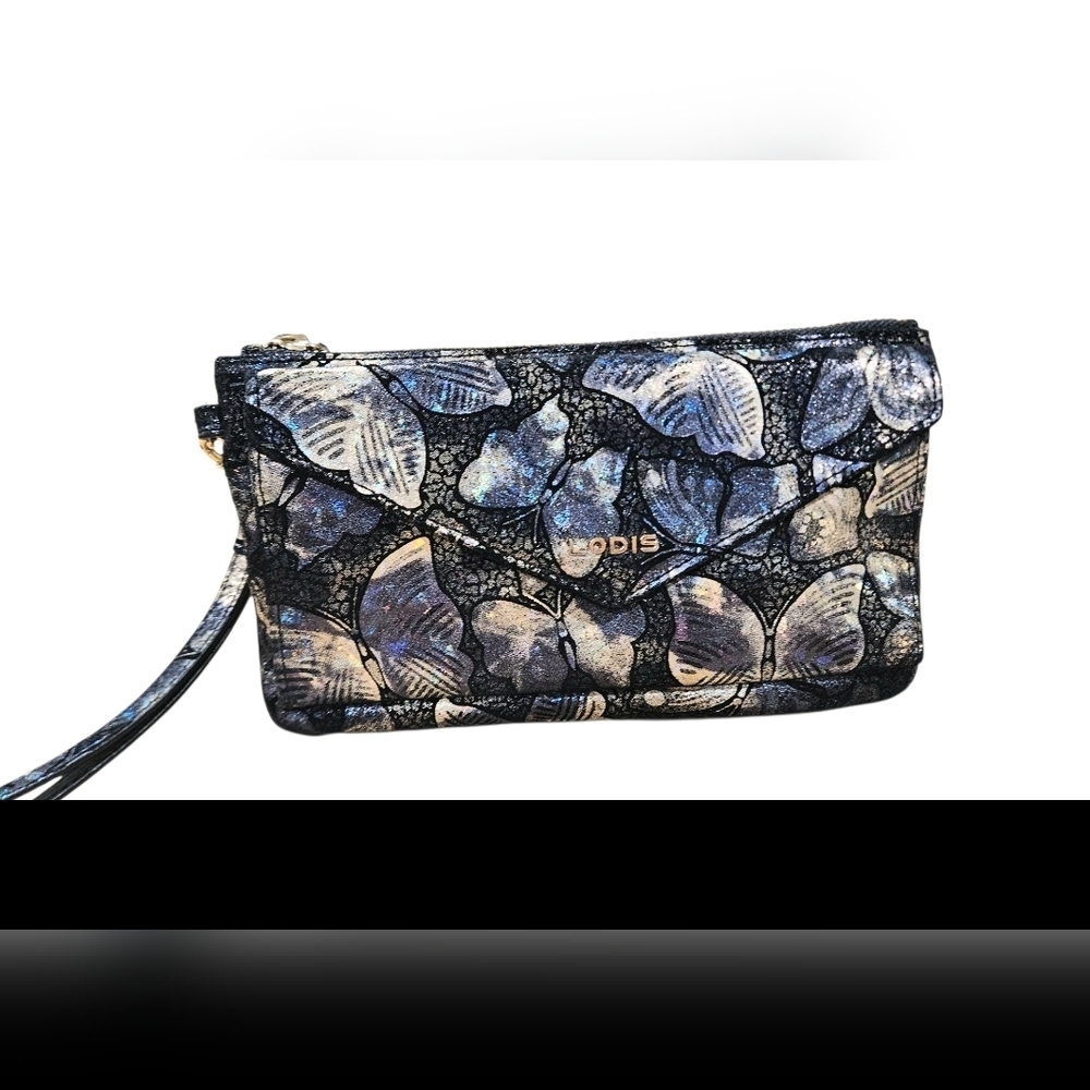 LODIS Leather Wallet Wristlet with Iridescent Butterfly Print. Black/Blue